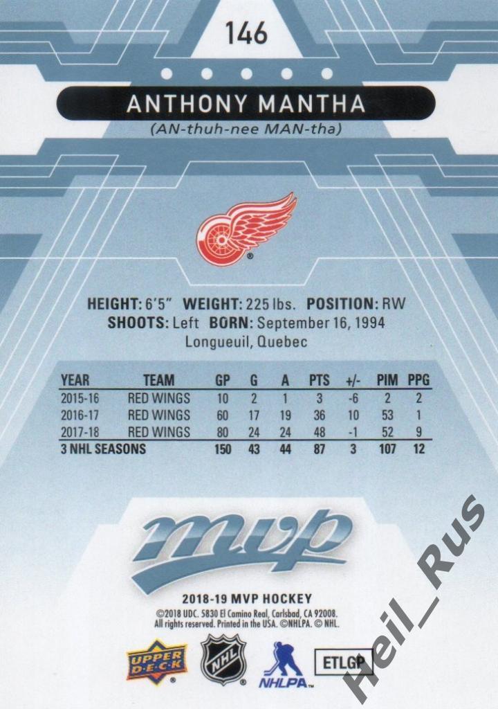 Хоккей. Карточка Anthony Mantha/Энтони Манта (Detroit Red Wings/Детройт) НХЛ/NHL 1