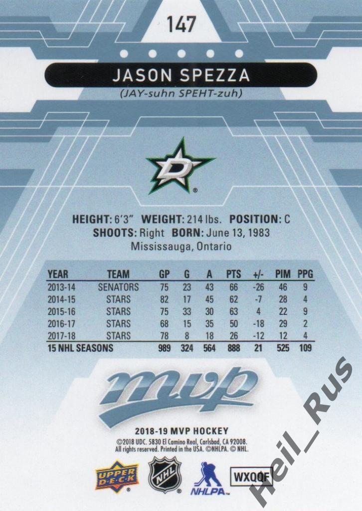 Хоккей. Карточка Jason Spezza/Джейсон Спецца (Dallas Stars/Даллас Старз) НХЛ/NHL 1