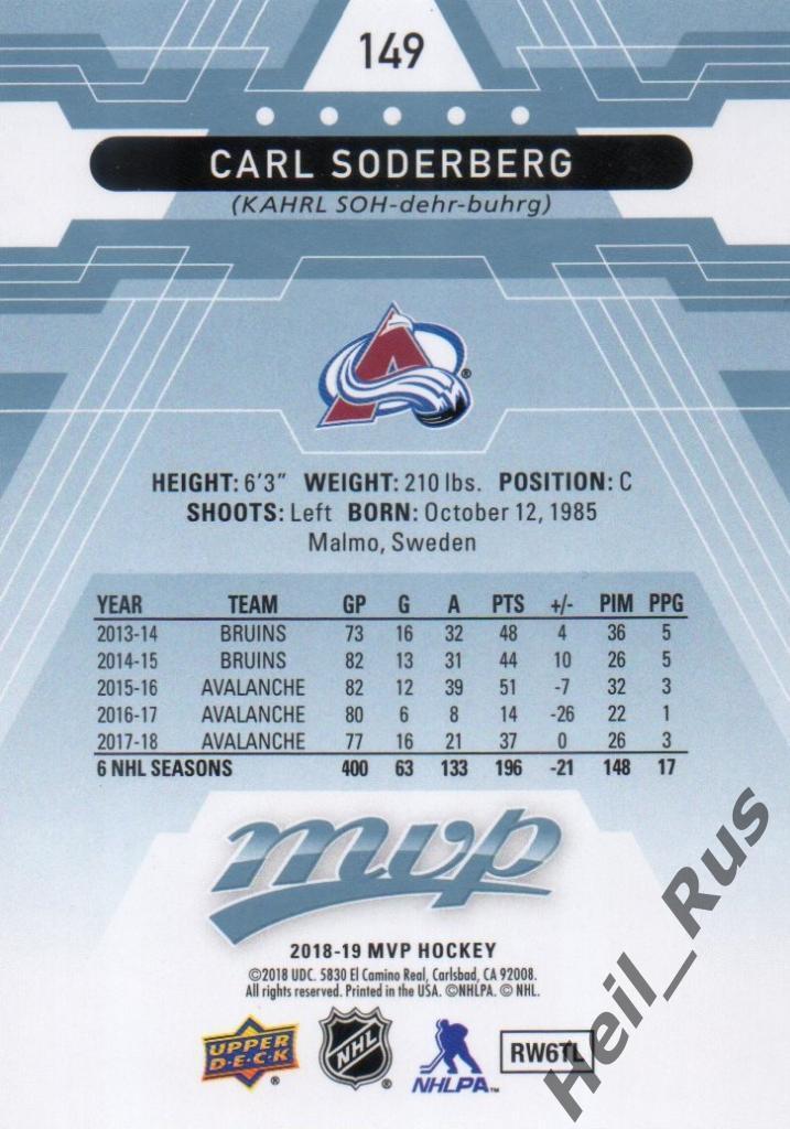 Хоккей. Карточка Soderberg/Карл Седерберг (Colorado Avalanche/Колорадо) НХЛ/NHL 1