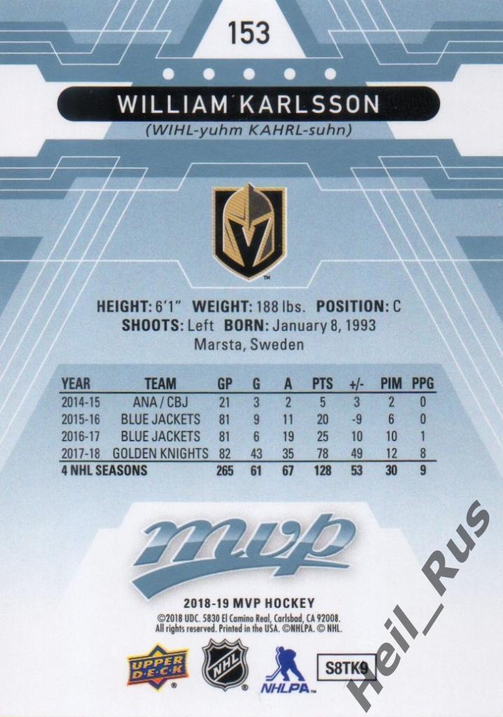 Хоккей. Карточка William Karlsson/Вильям Карлссон (Vegas Golden Knights) НХЛ/NHL 1