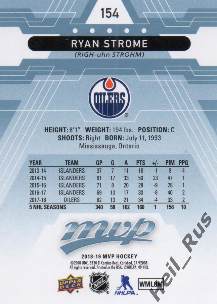 Хоккей Карточка Ryan Strome/Райан Строум Edmonton Oilers/Эдмонтон Ойлерз НХЛ/NHL 1