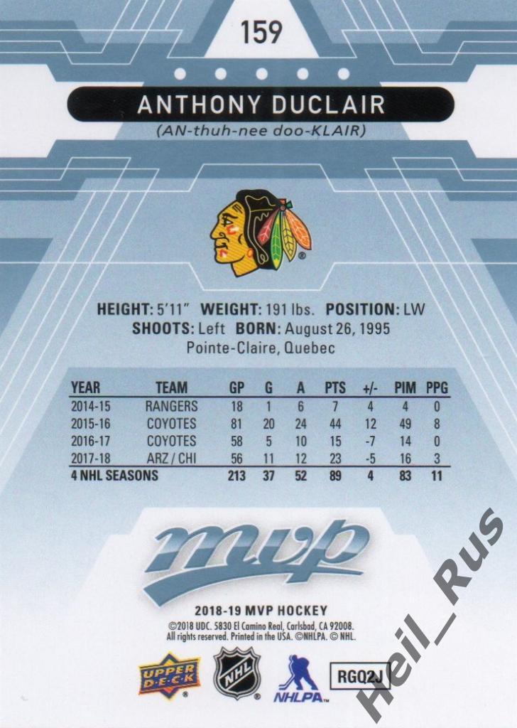 Хоккей. Карточка Anthony Duclair/Энтони Дюклер Chicago Blackhawks/Чикаго НХЛ/NHL 1