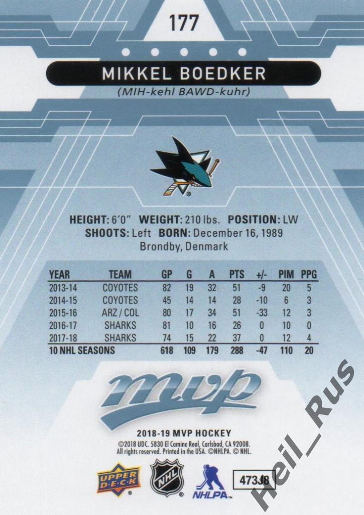 Хоккей Карточка Mikkel Boedker/Миккель Бедкер (San Jose Sharks/Сан-Хосе) НХЛ/NHL 1