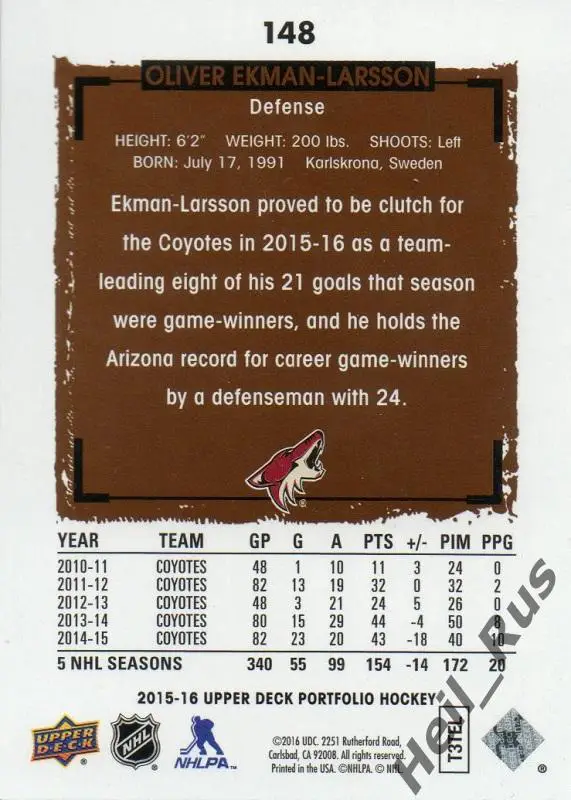 Хоккей. Карточка Ekman-Larsson / Оливер Экман-Ларссон (Arizona Coyotes) НХЛ/NHL 1