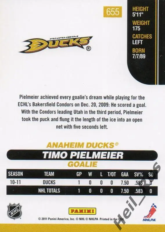 Хоккей. Карточка Timo Pielmeier/Тимо Пильмайер (Anaheim Ducks / Анахайм) НХЛ/NHL 1
