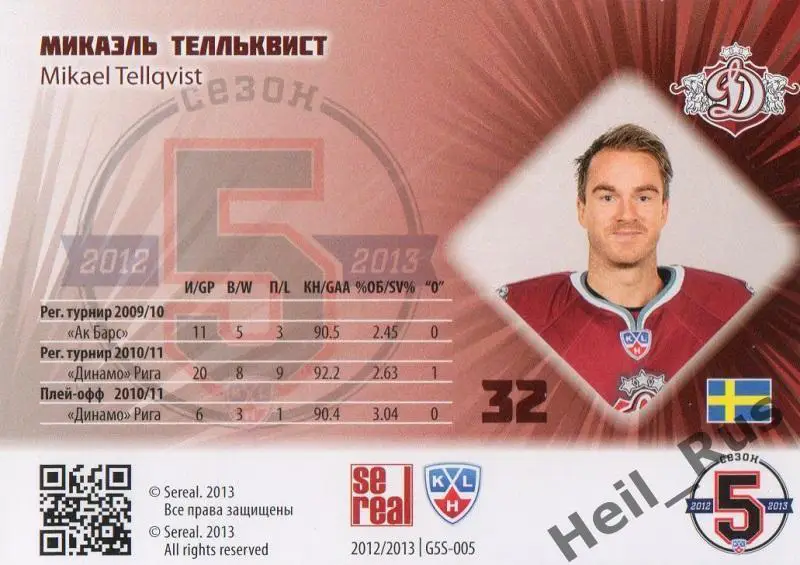 Хоккей. Карточка Микаэль Телльквист (Динамо Рига) КХЛ / KHL сезон 2012/13 SeReal 1