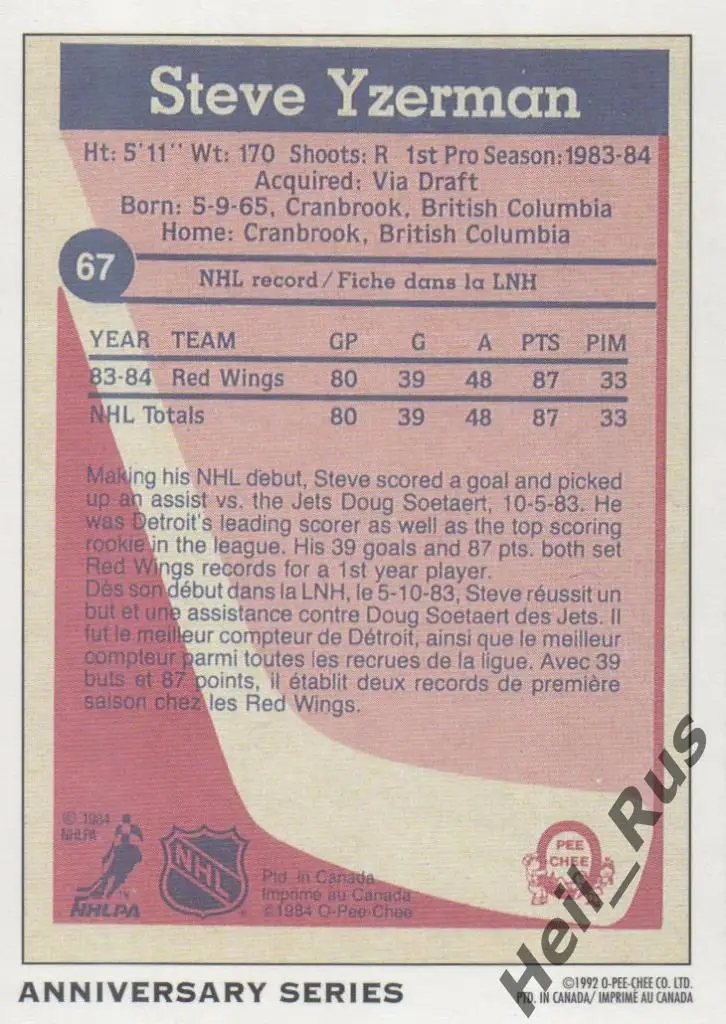 Хоккей, Карточка Steve Yzerman/Стив Айзерман (Detroit Red Wings/Детройт) NHL/НХЛ 1