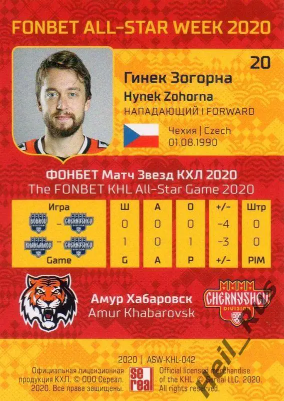 Хоккей. Карточка Гинек Зогорна (Амур Хабаровск) КХЛ/KHL Неделя Звезд Хоккея 2020 1
