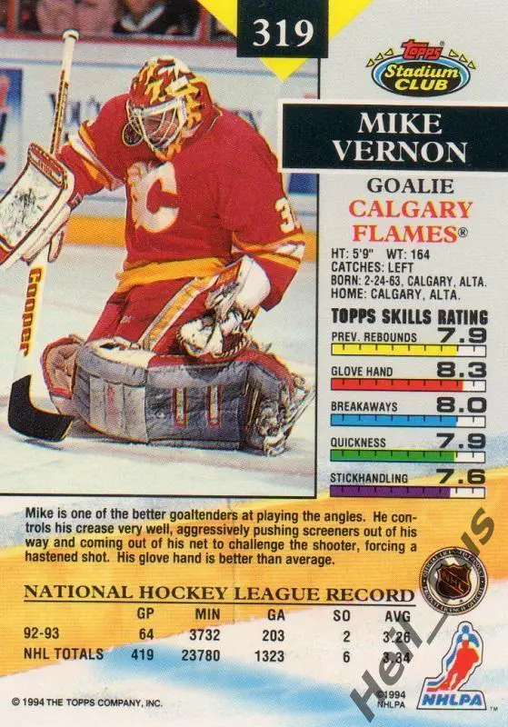 Хоккей; Карточка Mike Vernon/Майк Вернон (Calgary Flames/Калгари Флэймз) НХЛ/NHL 1