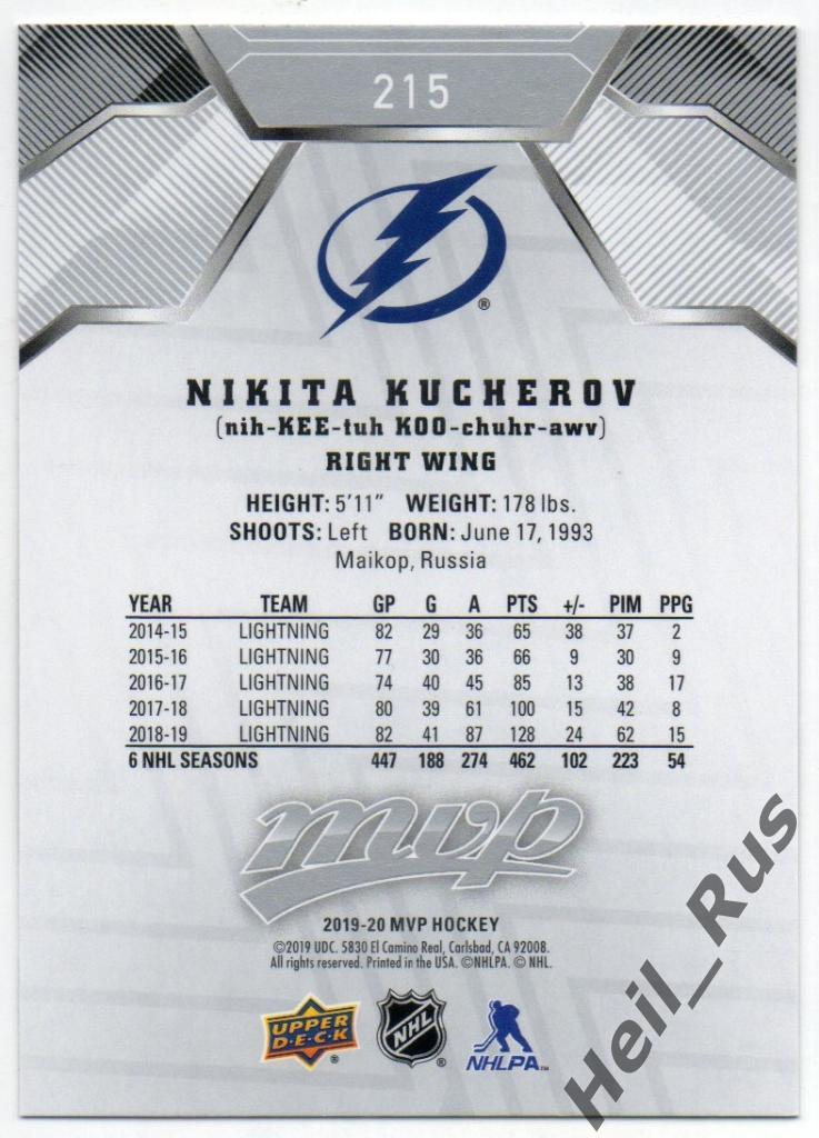 Хоккей. Карточка Никита Кучеров (Tampa Bay Lightning, ЦСКА Москва), NHL/НХЛ, КХЛ 1