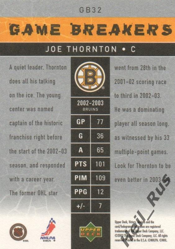 Хоккей. Карточка Joe Thornton/Джо Торнтон (Boston Bruins/Бостон Брюинз), НХЛ/NHL 1