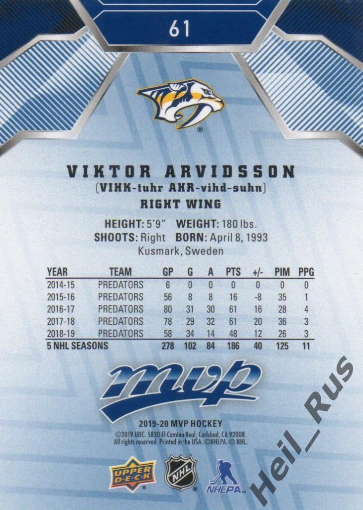 Хоккей. Карточка Viktor Arvidsson/Виктор Арвидссон (Nashville Predators) НХЛ/NHL 1