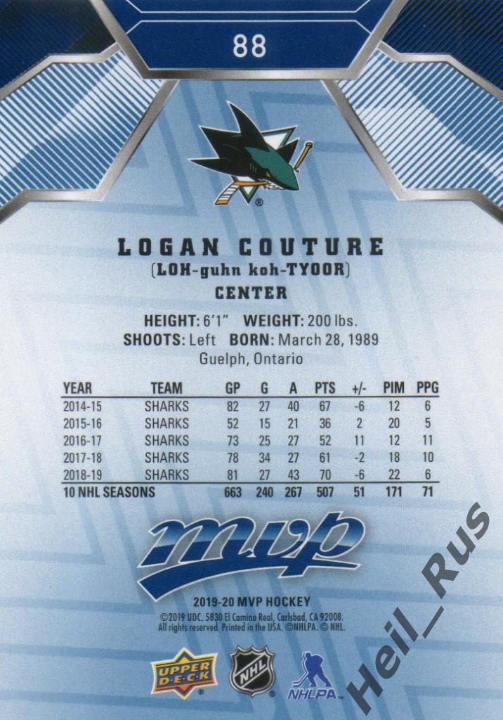 Хоккей Карточка Logan Couture/Логан Кутюр San Jose Sharks/Сан-Хосе Шаркс NHL-НХЛ 1