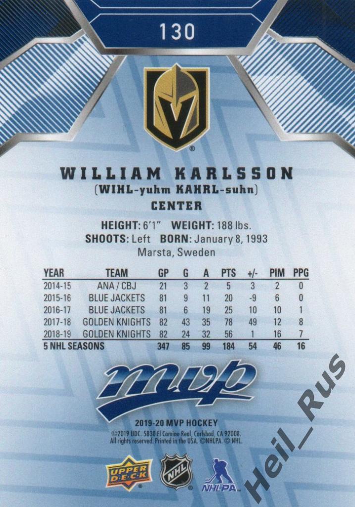 Хоккей. Карточка William Karlsson/Вильям Карлссон (Vegas Golden Knights) НХЛ/NHL 1