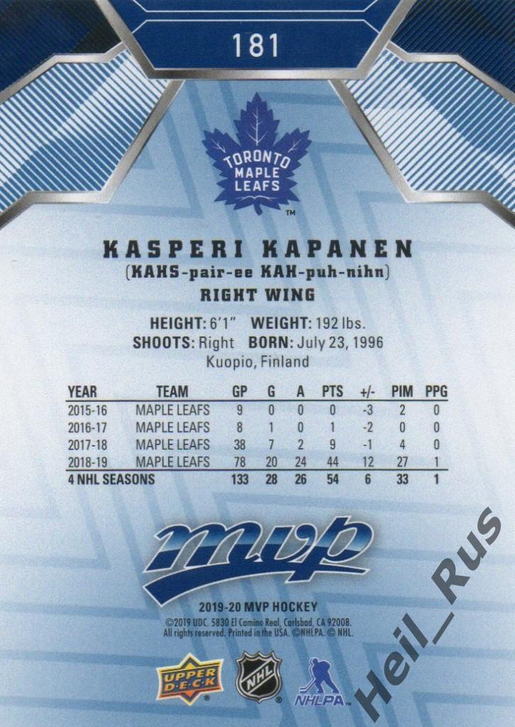Хоккей. Карточка Kasperi Kapanen / Каспери Капанен (Toronto Maple Leafs) НХЛ/NHL 1