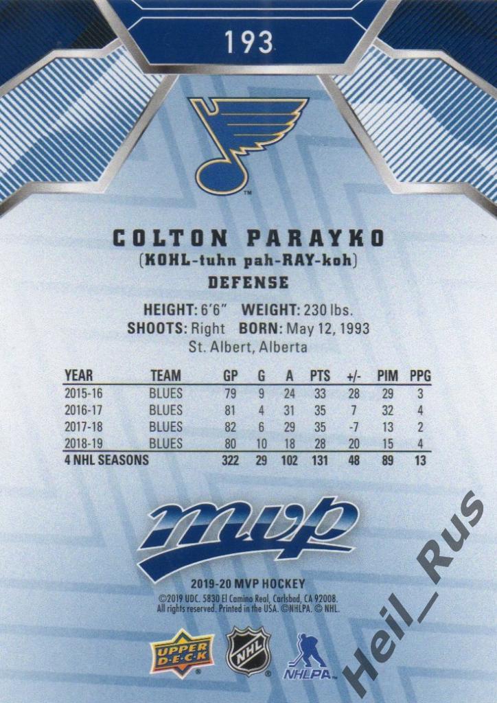 Хоккей. Карточка Colton Parayko/Колтон Парайко St. Louis Blues/Сент-Луис НХЛ/NHL 1