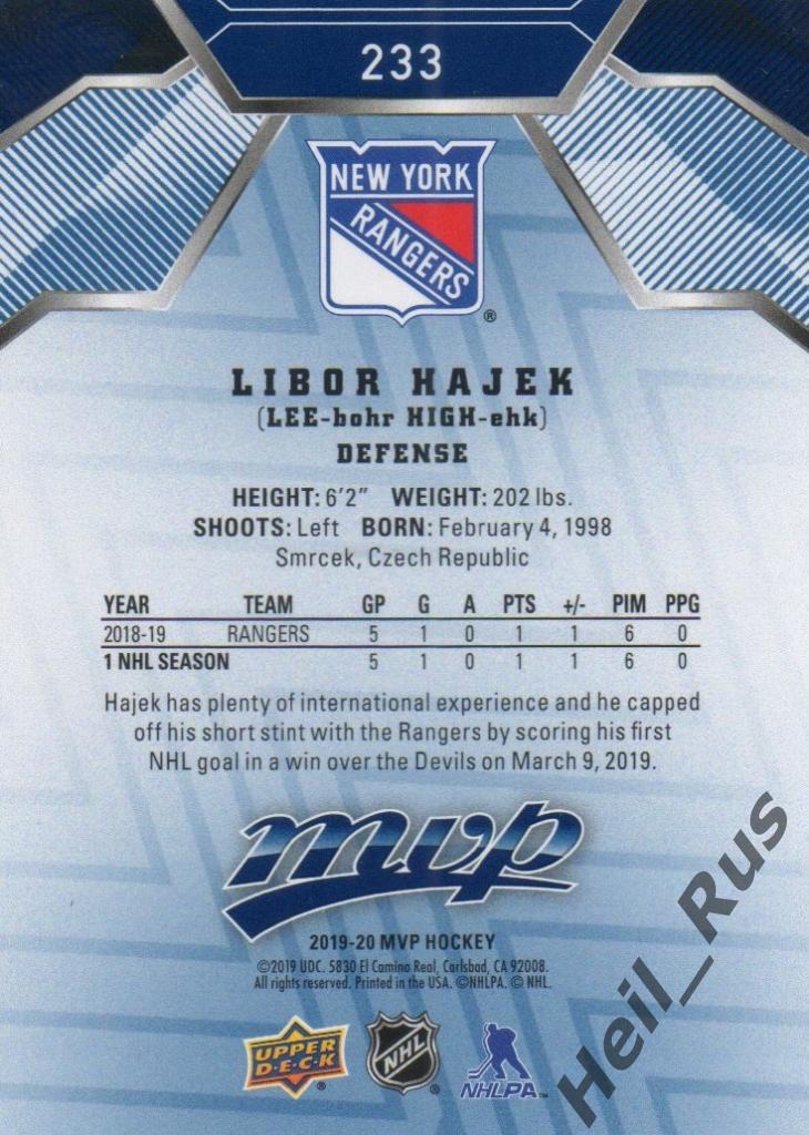 Хоккей. Карточка Libor Hajek/Либор Хайек (New York Rangers / Рейнджерс) НХЛ/NHL 1