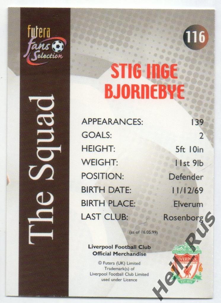 Футбол. Карточка Stig Inge Bjornebye/Стиг Инге Бьернебю (Liverpool / Ливерпуль) 1