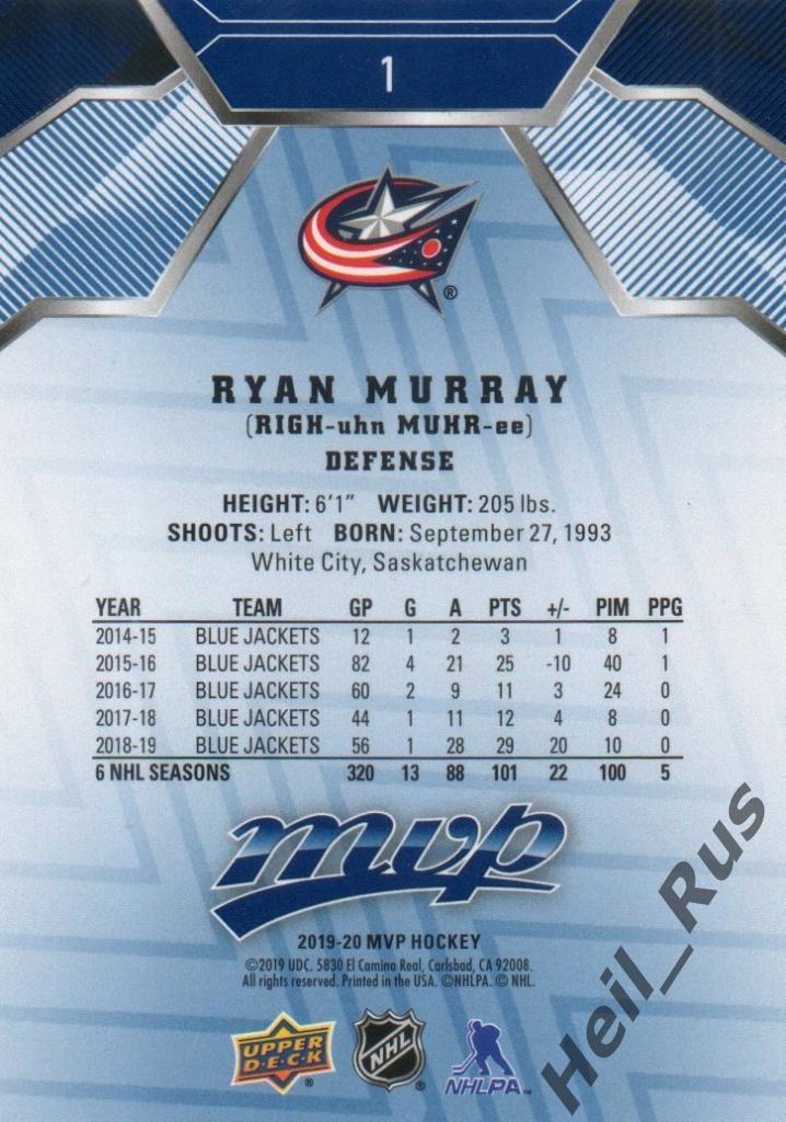 Хоккей. Карточка Ryan Murray/Райан Мюррей Columbus Blue Jackets/Коламбус НХЛ/NHL 1