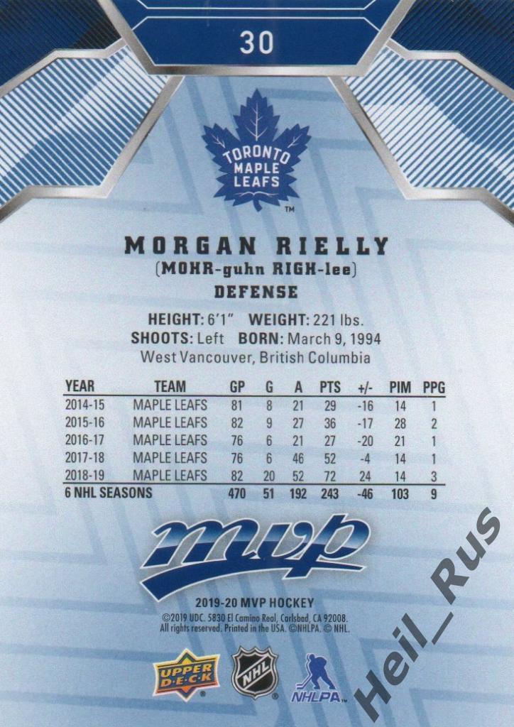 Хоккей. Карточка Morgan Rielly/Морган Райлли Toronto Maple Leafs/Торонто НХЛ/NHL 1