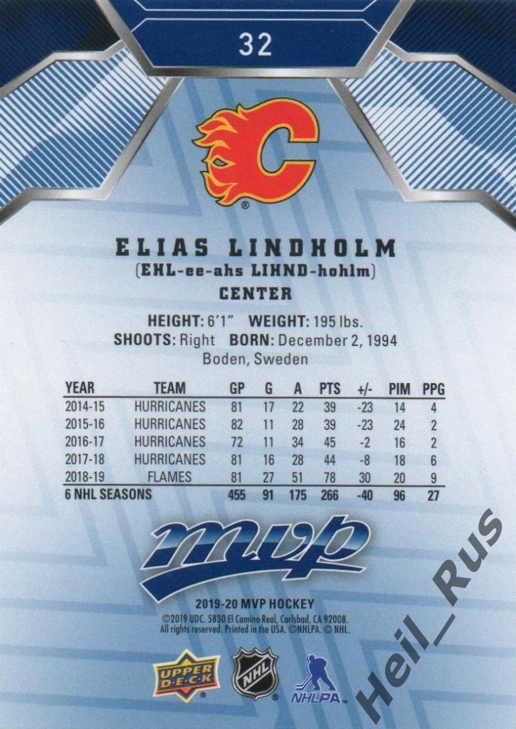 Хоккей. Карточка Elias Lindholm/Элиас Линдхольм (Calgary Flames/Калгари) НХЛ/NHL 1