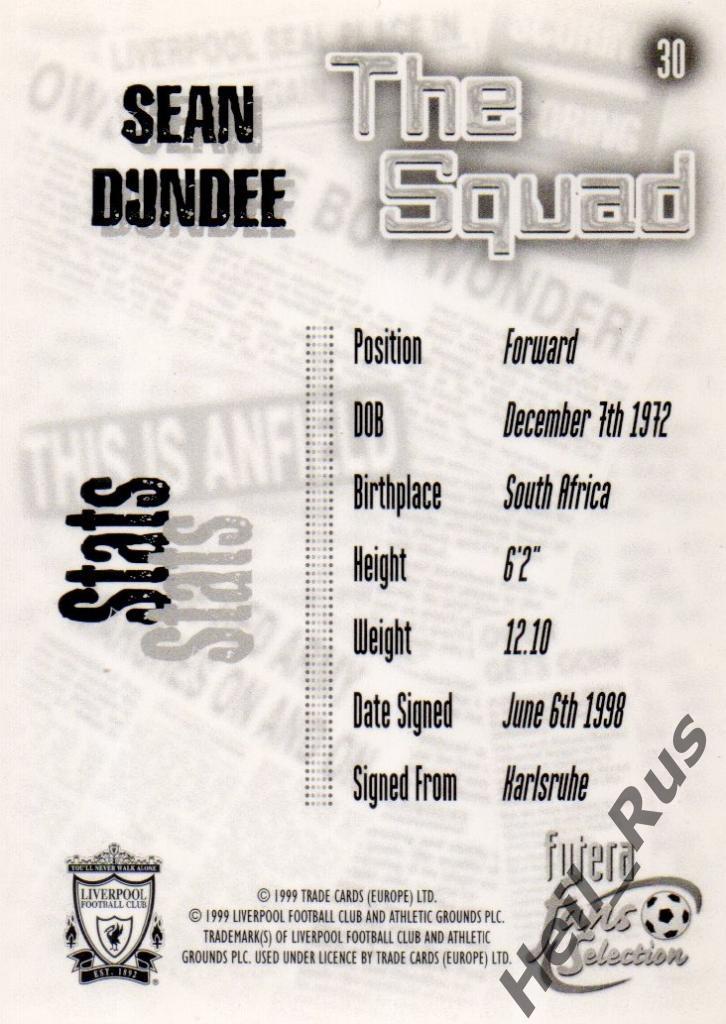 Футбол. Карточка Sean Dundee / Шон Данди (Liverpool / Ливерпуль) FUTERA 1999 1