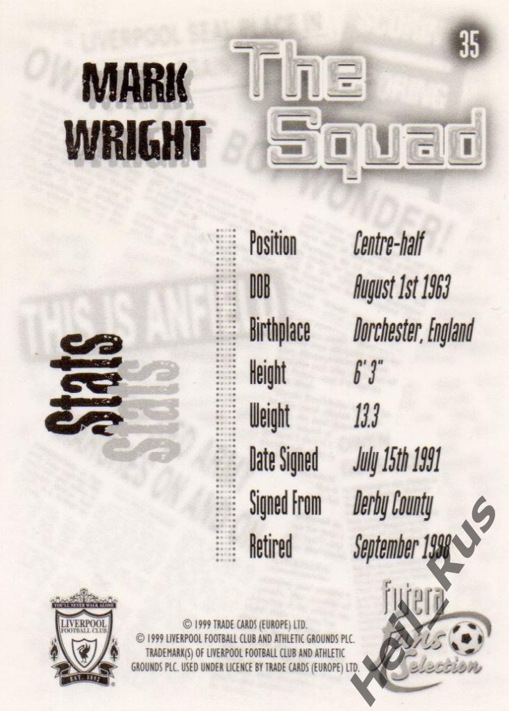 Футбол. Карточка Mark Wright / Марк Райт (Liverpool / Ливерпуль) FUTERA 1999 1