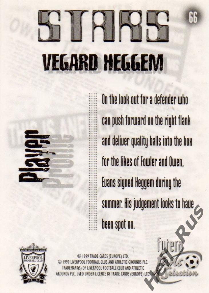 Футбол. Карточка Vegard Heggem/Вегард Хеггем (Liverpool / Ливерпуль) FUTERA 1999 1