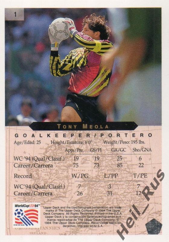 Футбол. Карточка Tony Meola / Тони Меола (USA/США) World Cup/Чемпионат Мира 1994 1
