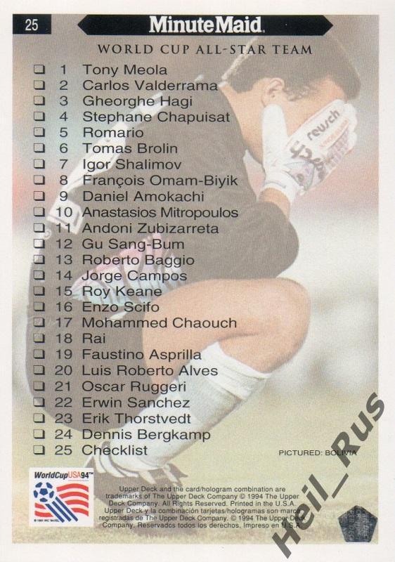 Футбол. Карточка Checklist/Чеклист Minute Maid World Cup USA/Чемпионат Мира 1994 1