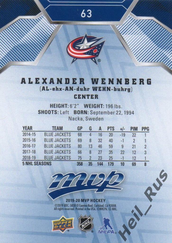 Хоккей. Карточка Alexander Wennberg/Александр Веннберг Columbus/Коламбус НХЛ/NHL 1