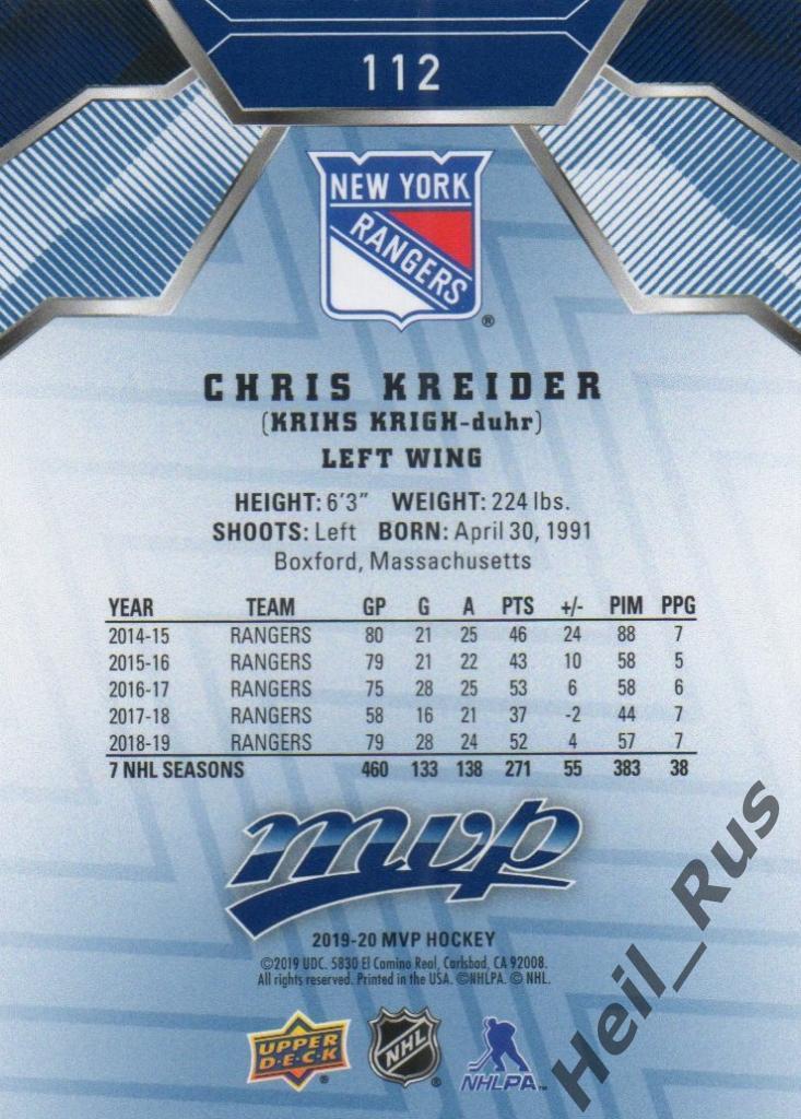 Хоккей; Карточка Chris Kreider/Крис Крайдер (New York Rangers/Рейнджерс) НХЛ/NHL 1