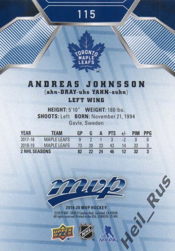 Хоккей. Карточка Andreas Johnsson / Андреас Юнссон (Toronto Maple Leafs) НХЛ/NHL 1