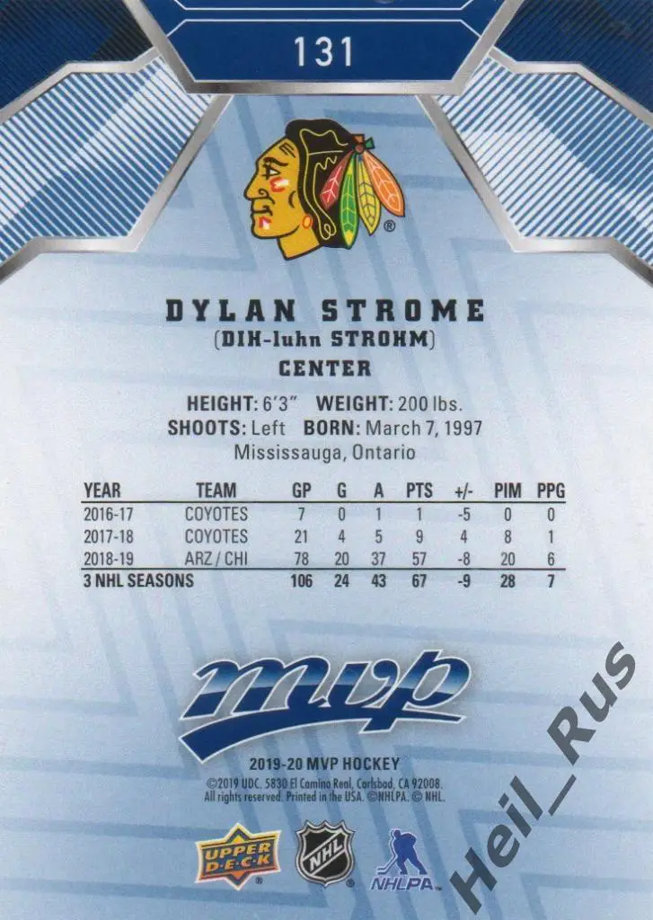 Хоккей. Карточка Dylan Strome/Дилан Строум (Chicago Blackhawks / Чикаго) НХЛ/NHL 1