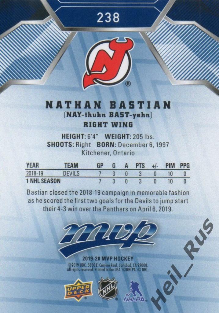 Хоккей. Карточка Nathan Bastian/Натан Бастиан (New Jersey Devils/Девилз) НХЛ/NHL 1