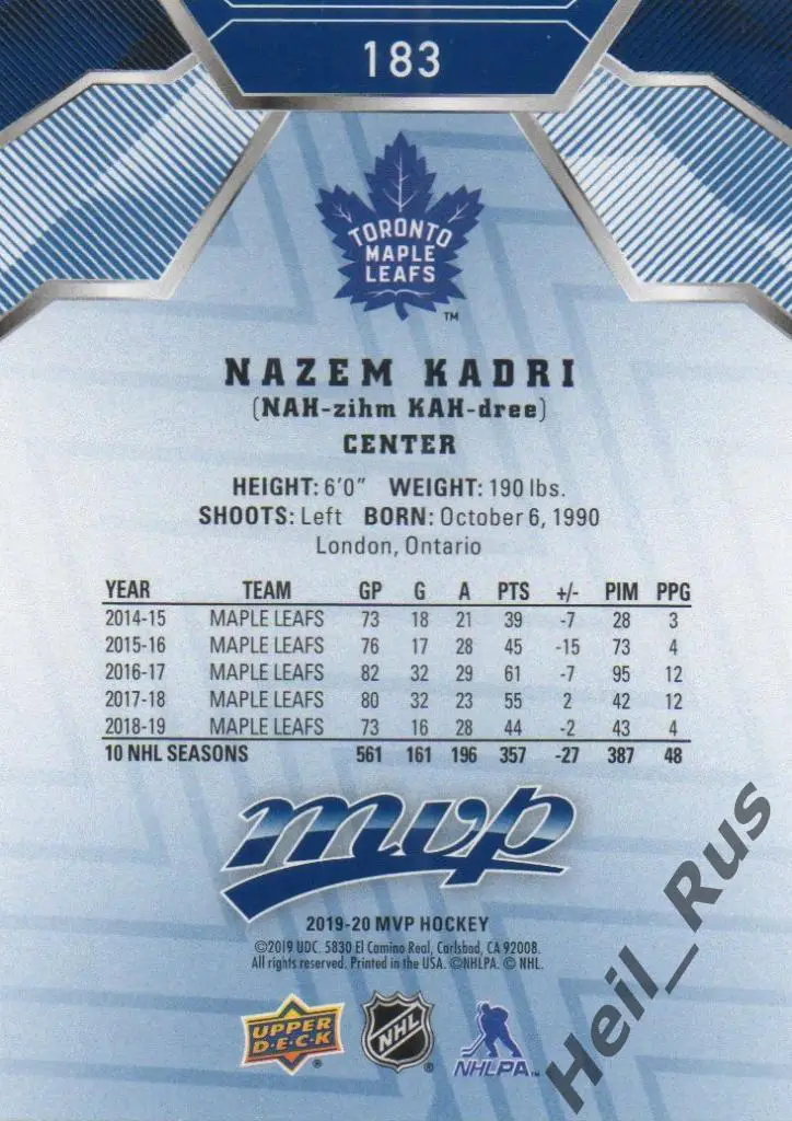Хоккей. Карточка Nazem Kadri/Назем Кадри (Toronto Maple Leafs/Торонто) НХЛ/NHL 1