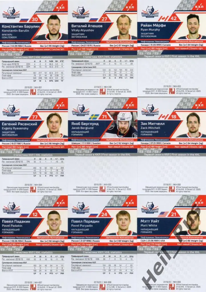 Хоккей. Нефтехимик Нижнекамск 9 карточек КХЛ сезон 2019/20 (Барулин, Порядин) 1