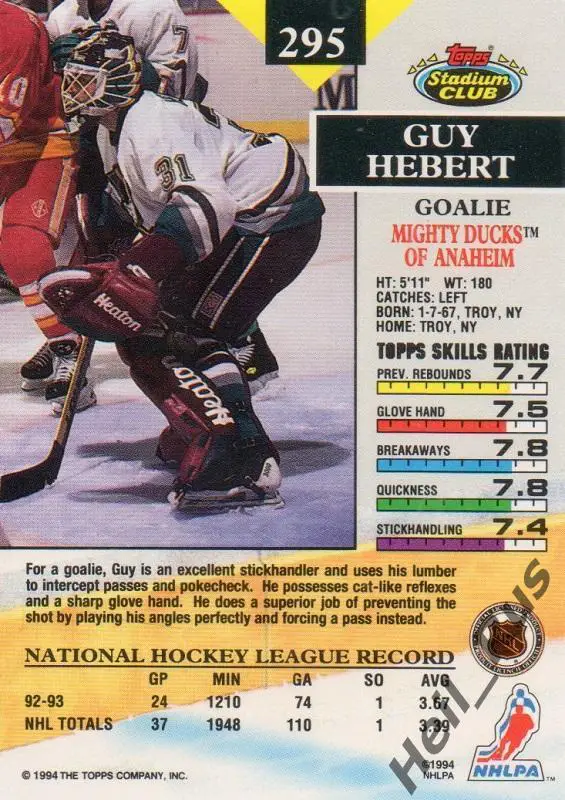 Хоккей. Карточка Guy Hebert/Ги Эбер (Mighty Ducks of Anaheim / Анахайм) НХЛ/NHL 1