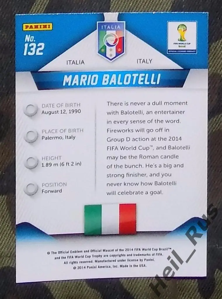 Футбол. Карточка Balotelli / Марио Балотелли (Италия) Чемпионат Мира 2014 PANINI 1