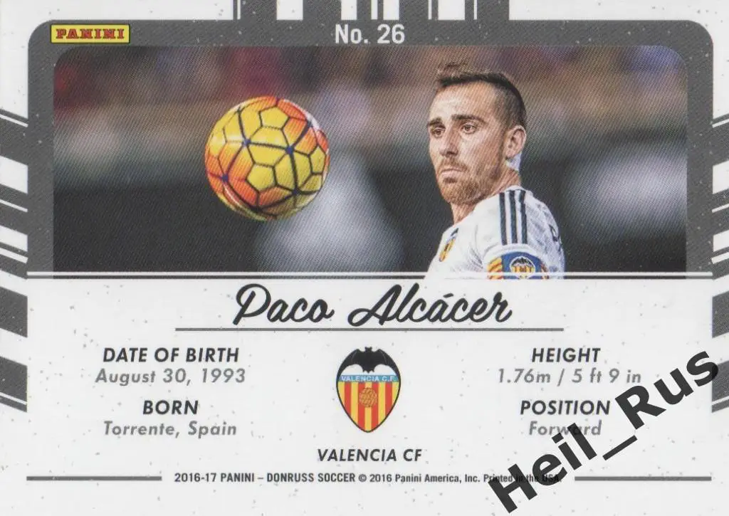 Футбол. Карточка Paco Alcacer/Пако Алькасер (Valencia / Валенсия) Panini 2016-17 1