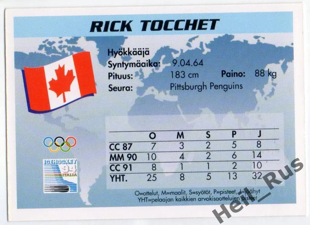 Хоккей. Карточка Rick Tocchet / Рик Токкет (Канада, Pittsburgh Penguins) НХЛ/NHL 1