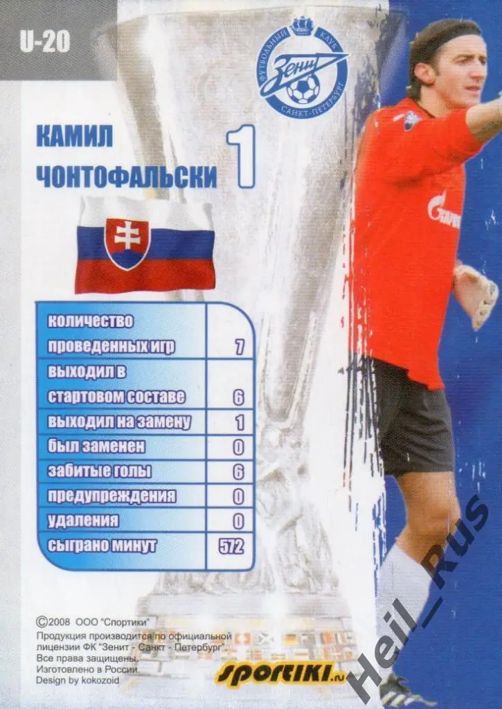 Футбол. Карточка Камил Чонтофальски (Зенит Санкт-Петербург) Кубок УЕФА 2007-08 1