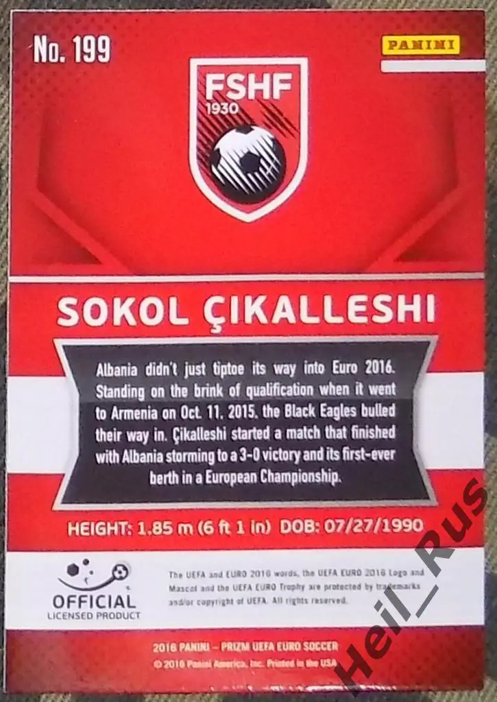 Футбол.Euro/Евро 2016 карточка Sokol Cikalleshi/Соколь Цикалеши (Албания) Panini 1
