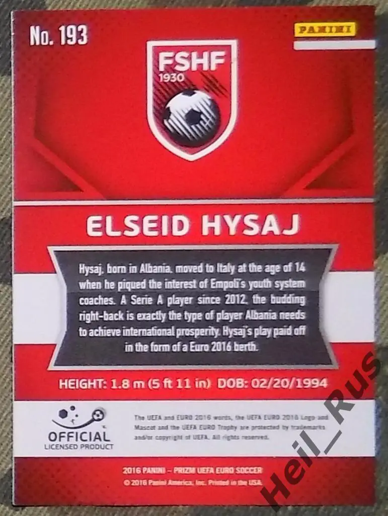 Футбол. Euro/Евро 2016 карточка Elseid Hysaj/Эльсеид Хюсай (Албания) Panini 1