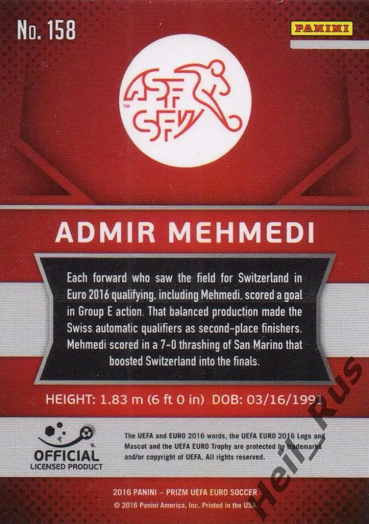 Футбол. Карточка Admir Mehmedi/Адмир Мехмеди (Швейцария) Euro/Евро 2016 Panini 1