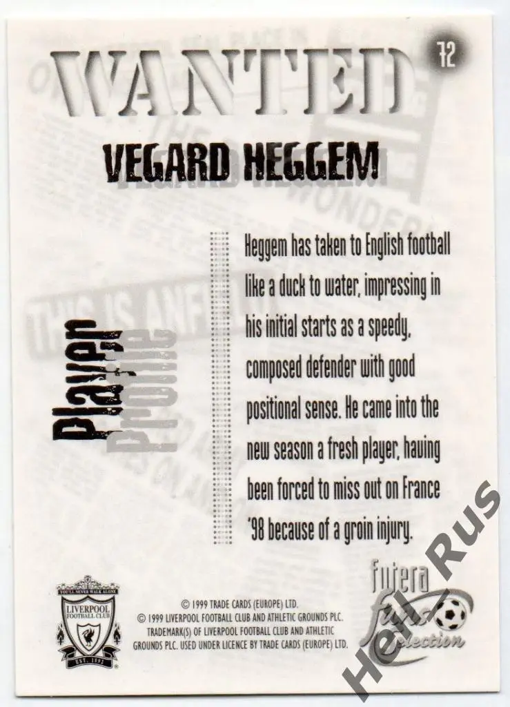 Футбол. Карточка Vegard Heggem/Вегард Хеггем (Liverpool/Ливерпуль) FUTERA 1999 1