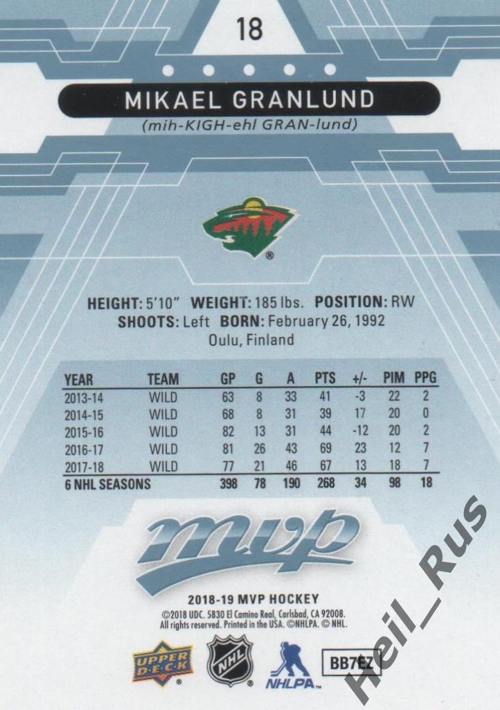 Хоккей. Карточка M. Granlund/Микаэль Гранлунд (Minnesota Wild/Миннесота) НХЛ/NHL 1