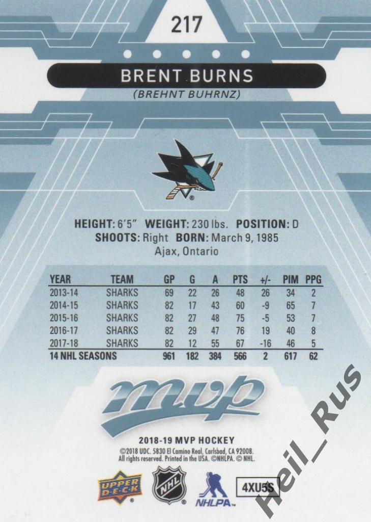 Хоккей Карточка Brent Burns/Брент Бернс (San Jose Sharks/Сан-Хосе Шаркс) НХЛ/NHL 1
