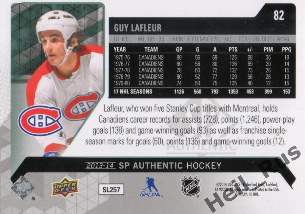 Хоккей. Карточка Guy Lafleur/Ги Лафлер (Montreal Canadiens / Монреаль) НХЛ/NHL 1