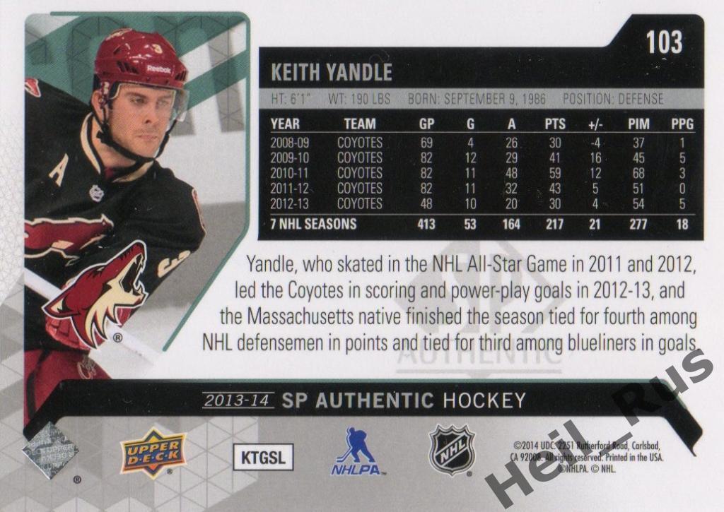 Хоккей. Карточка Keith Yandle/Кит Яндл (Arizona Coyotes/Аризона Койотис) НХЛ/NHL 1